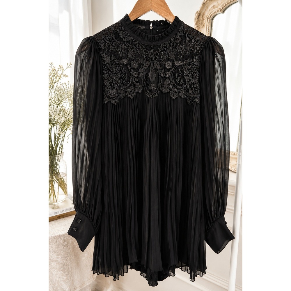 Zara Woman Black Pleated Lace Romper Gothic Dark Academia Victorian Witchy M